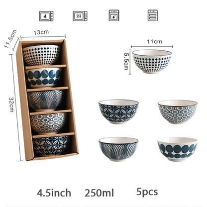5pcs Japanese Ceramic Cereal Rice Bowls Set