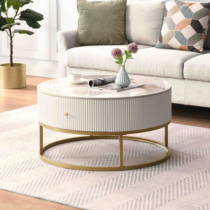 Marble Round Coffee Table with Drawers – Modern Living Room Centerpiece