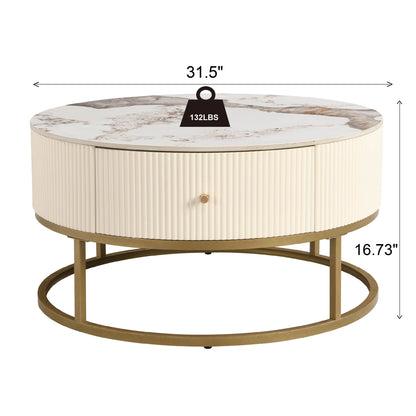 Marble Round Coffee Table with Drawers – Modern Living Room Centerpiece