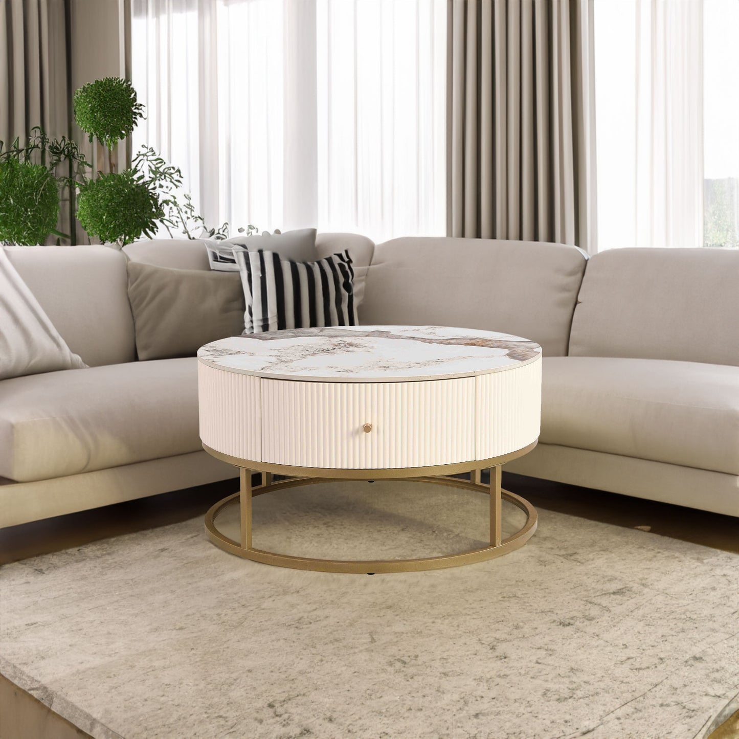 marble round coffee table with drawers – modern living room centerpiece