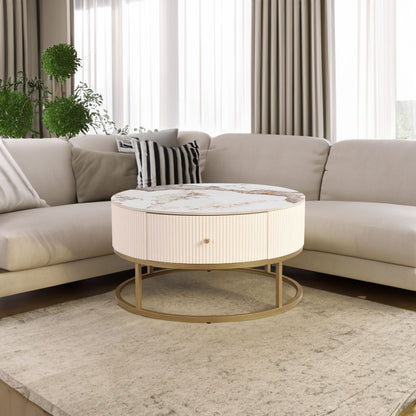 Marble Round Coffee Table with Drawers – Modern Living Room Centerpiece