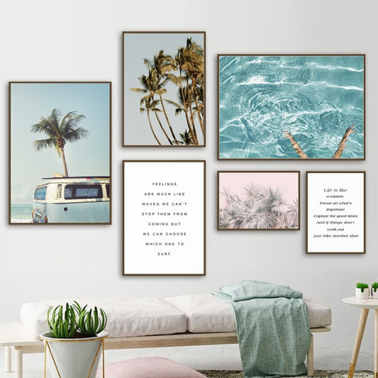 Coconut Tree Palm leafs Bus Sea Landscape Wall Art Canvas Painting