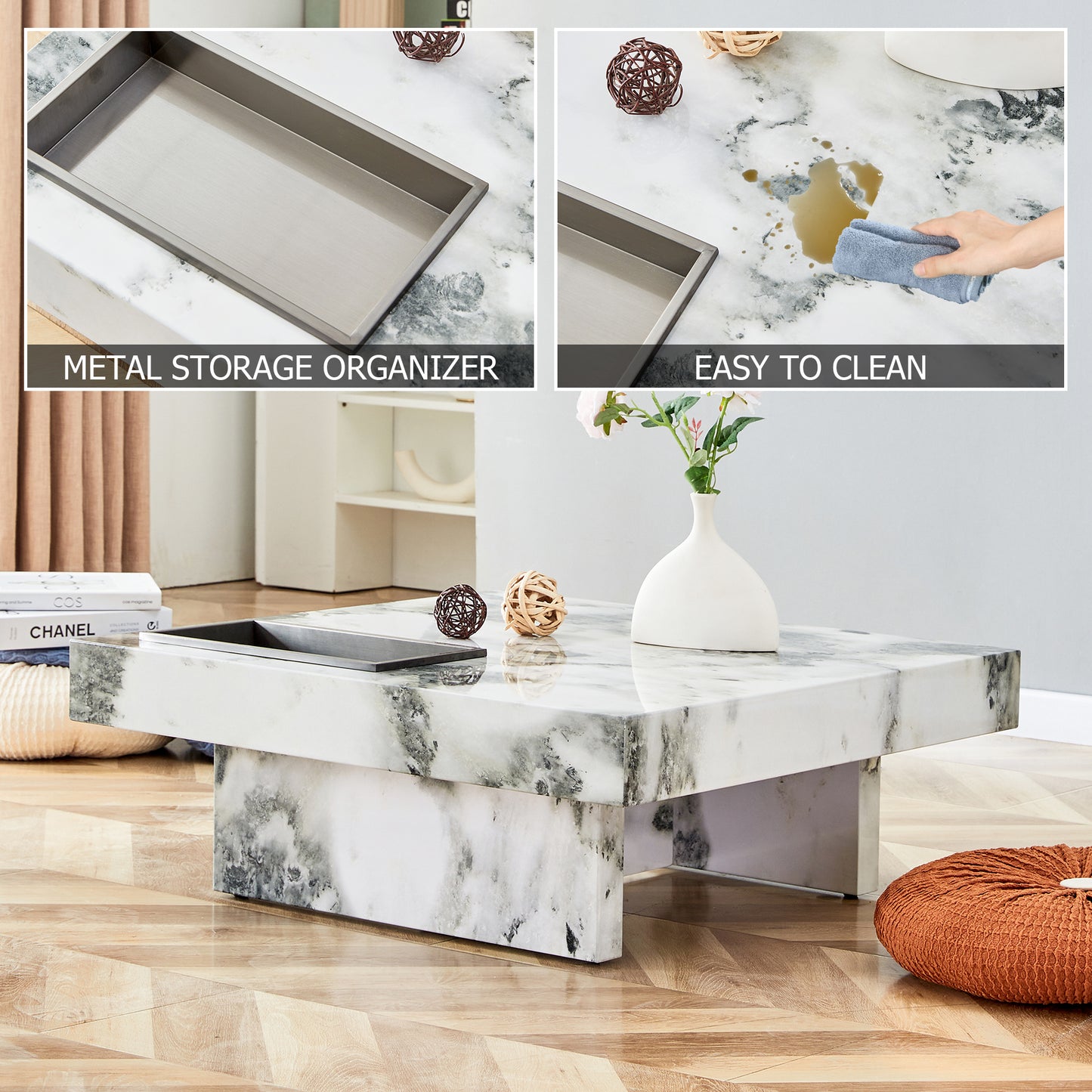 marble coffee table, white/black pattern