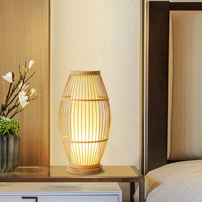 Japanese Zen Style Bamboo Woven Table Lamp – Natural Boho Lighting
