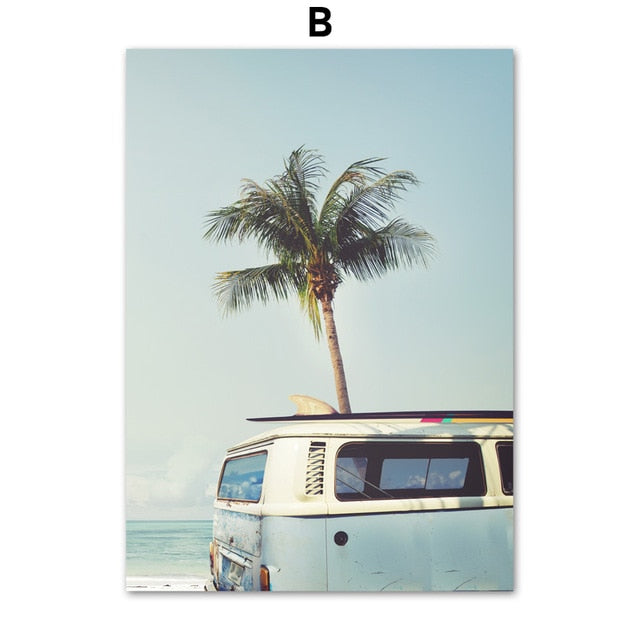 coconut tree palm leafs bus sea landscape wall art canvas painting