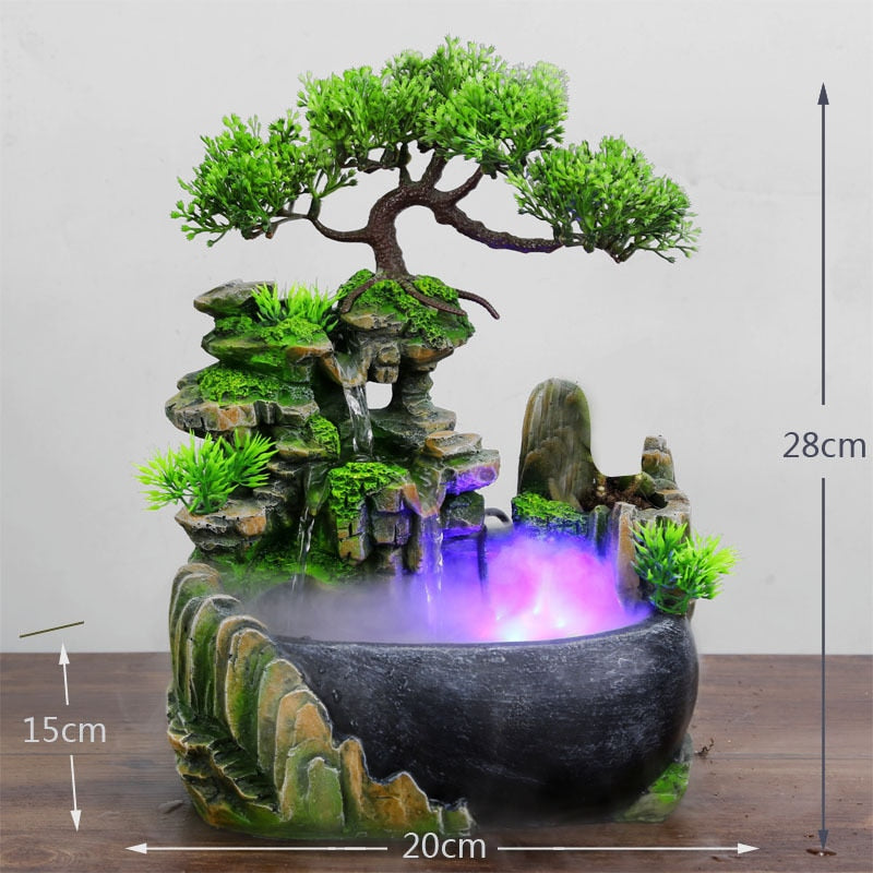 feng shui flowing waterfall fountain with color changing led lights spray