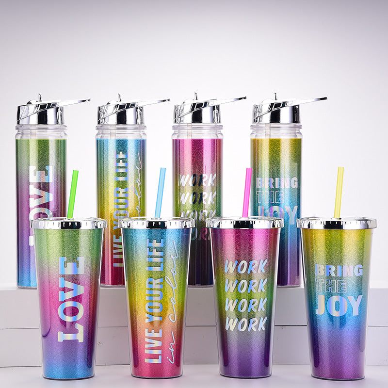 rainbow gradient magic color double-wall water bottle – portable outdoor cup