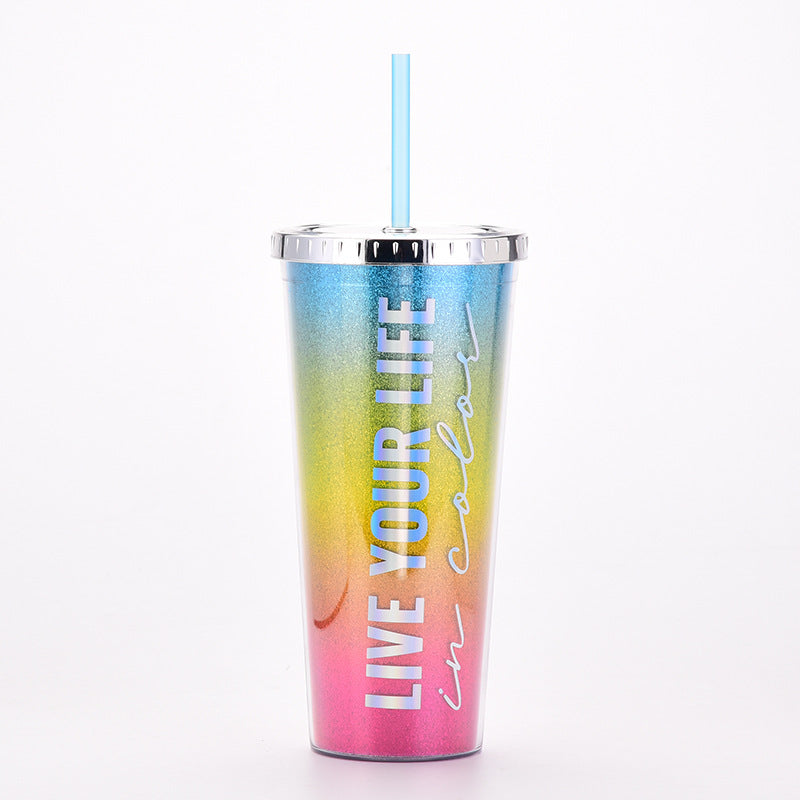 rainbow gradient magic color double-wall water bottle – portable outdoor cup