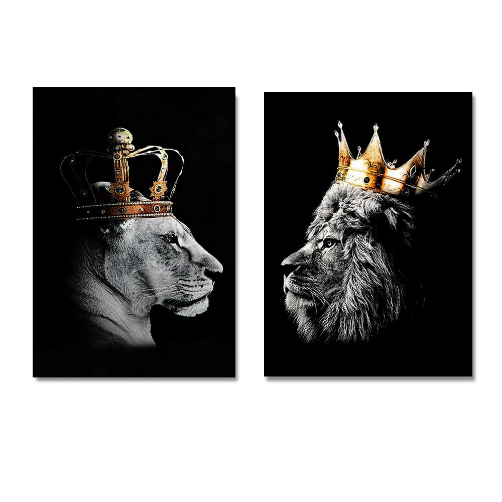 black lion king and lioness queen wall art