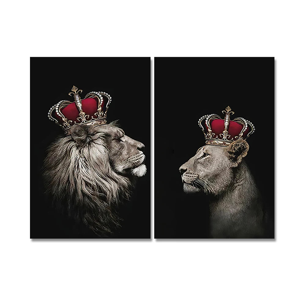 black lion king and lioness queen wall art