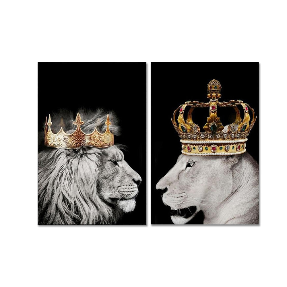 black lion king and lioness queen wall art