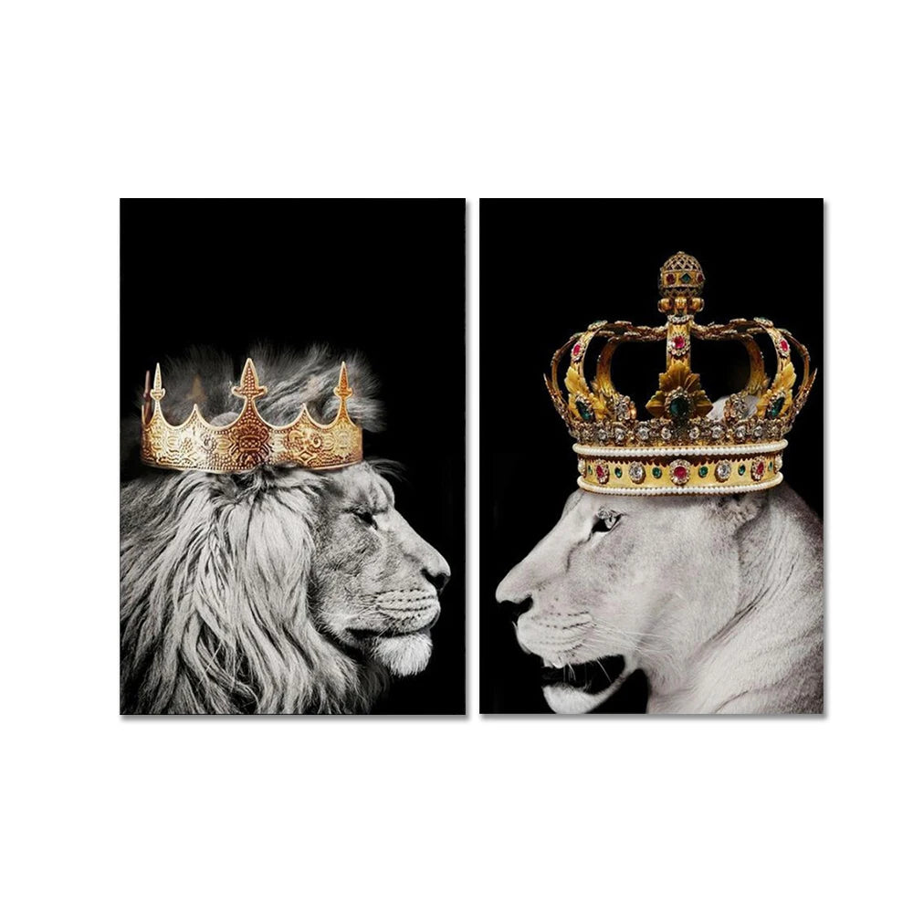 black lion king and lioness queen wall art