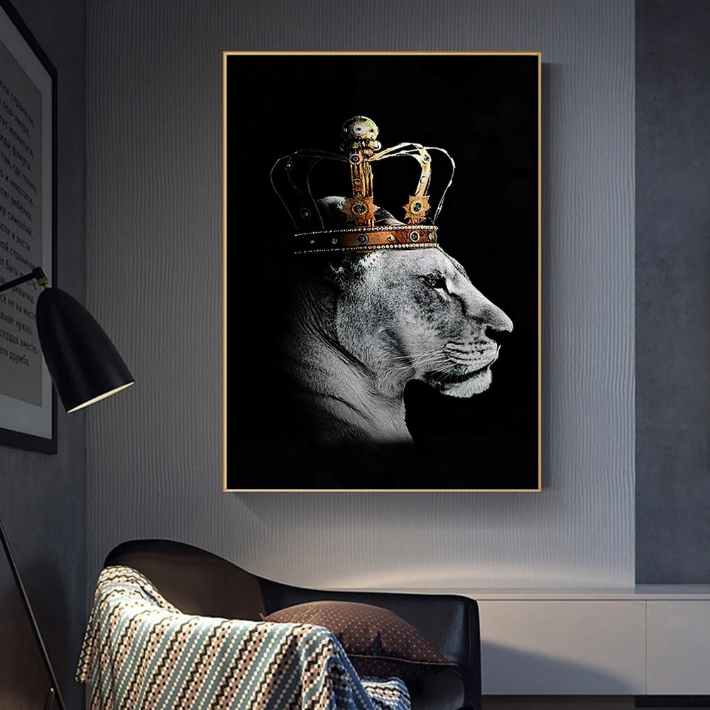 black lion king and lioness queen wall art