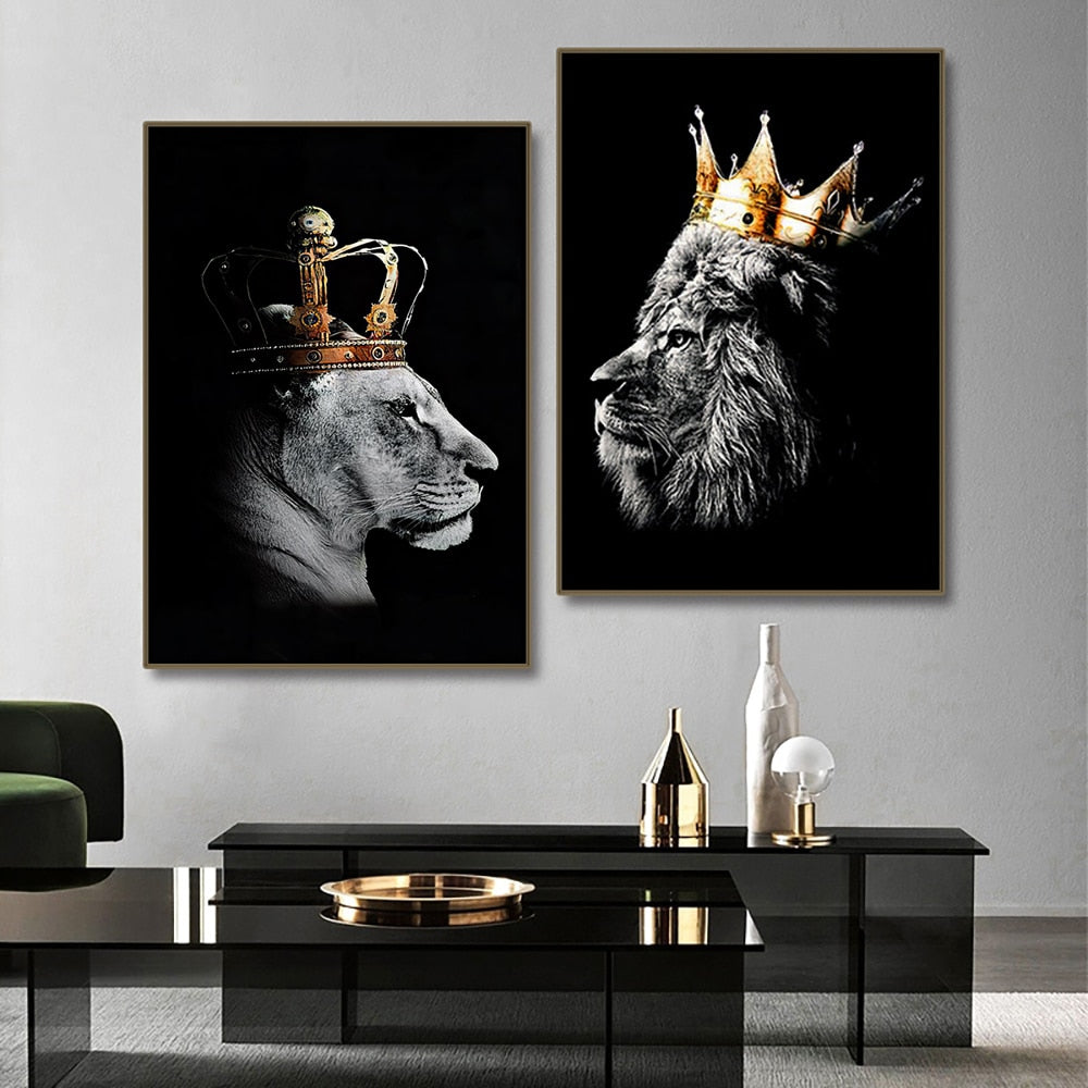 black lion king and lioness queen wall art