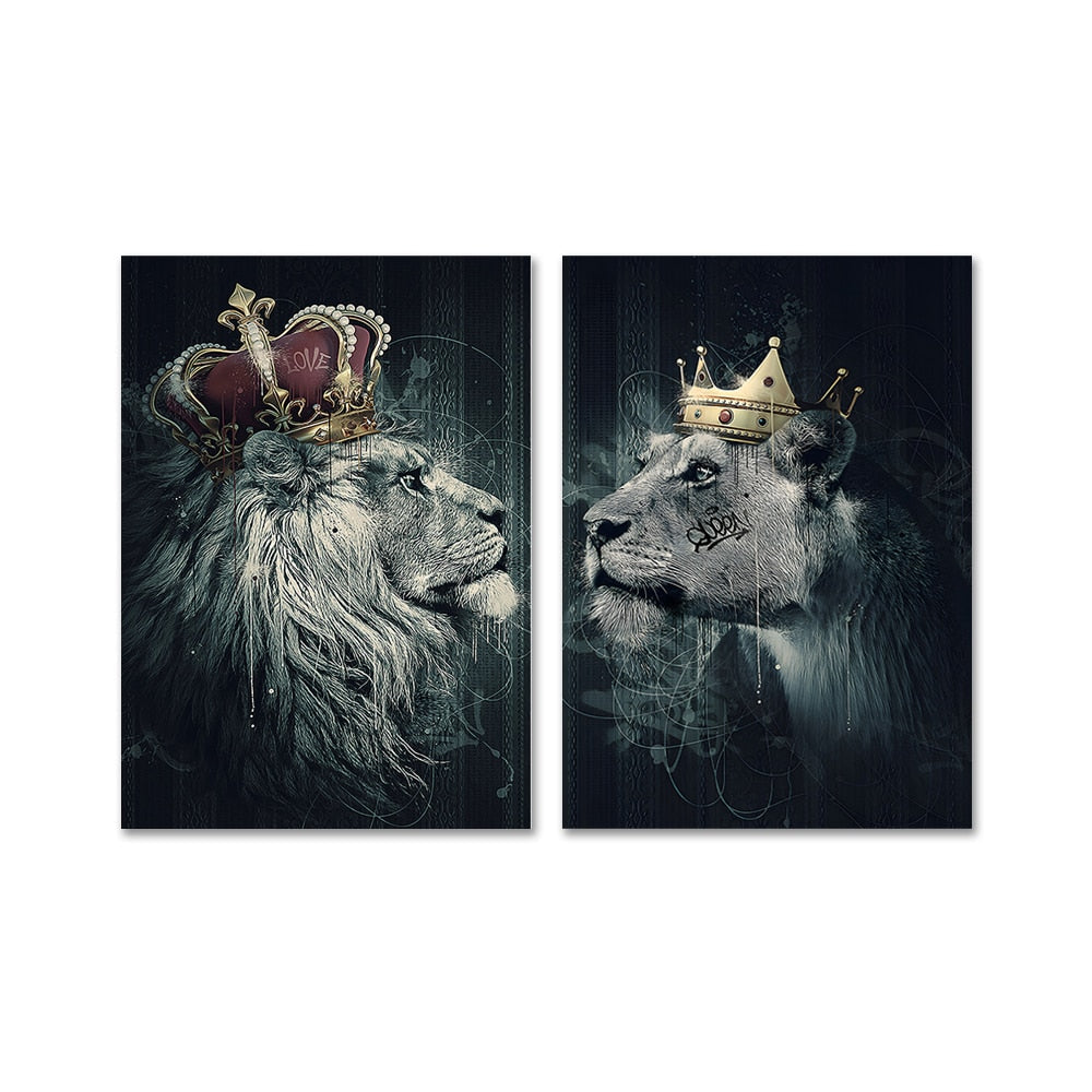 black lion king and lioness queen wall art