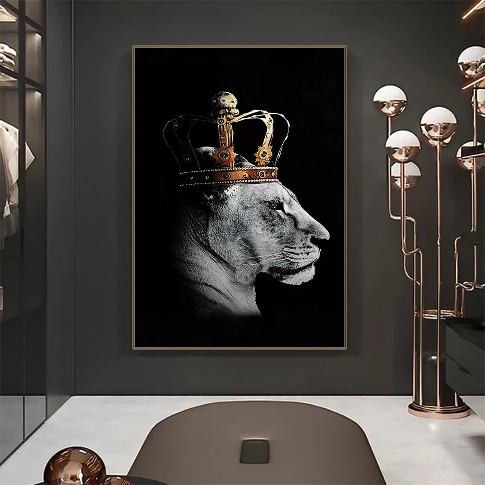 black lion king and lioness queen wall art