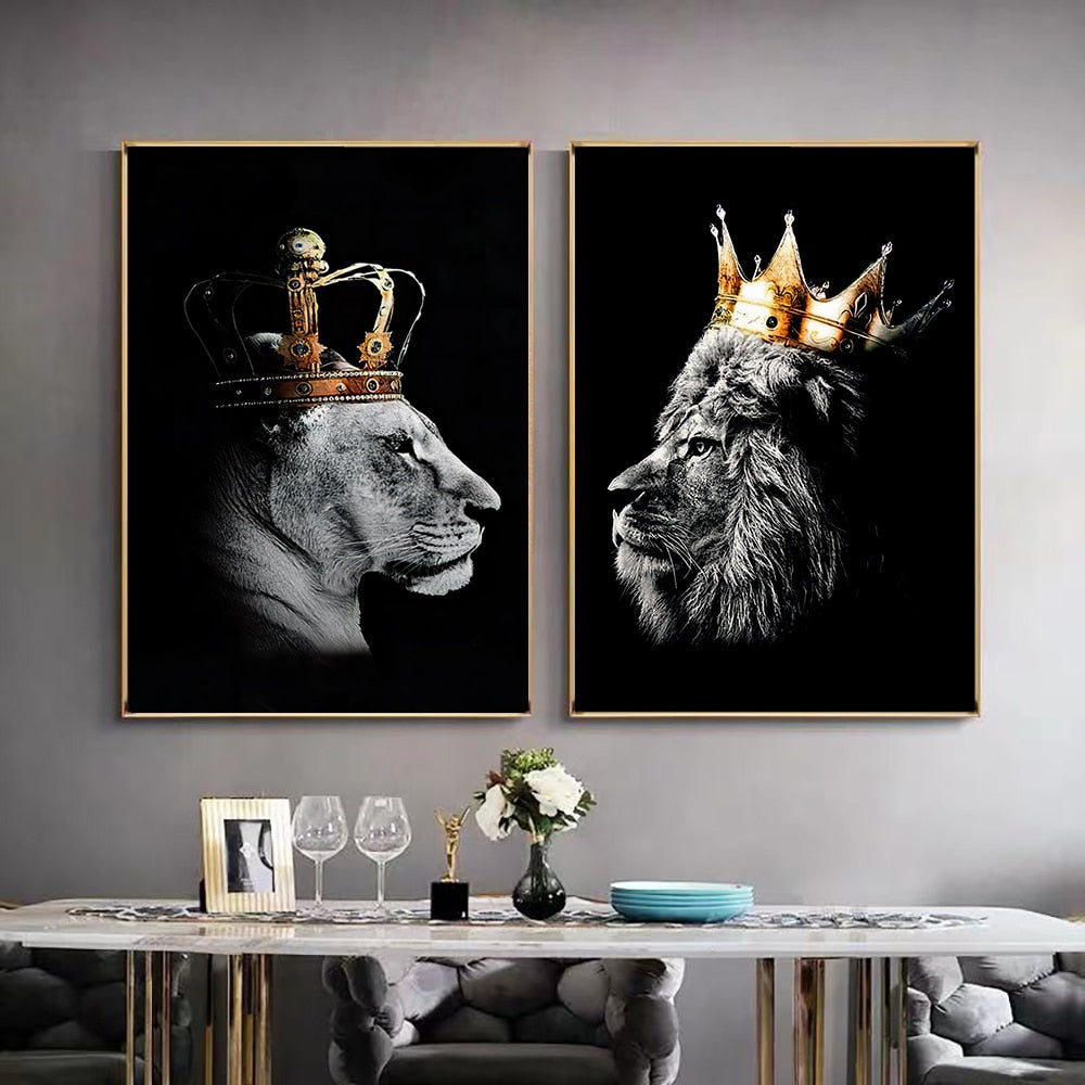 black lion king and lioness queen wall art