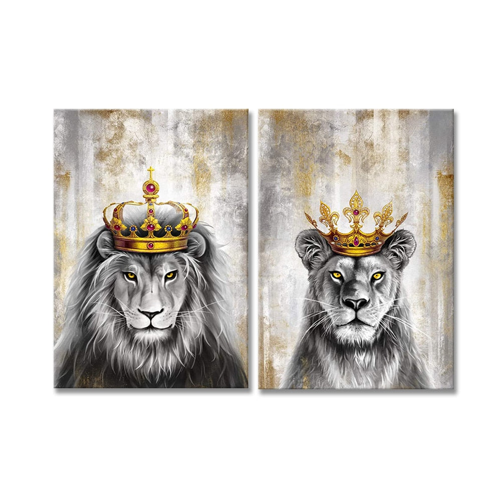 black lion king and lioness queen wall art