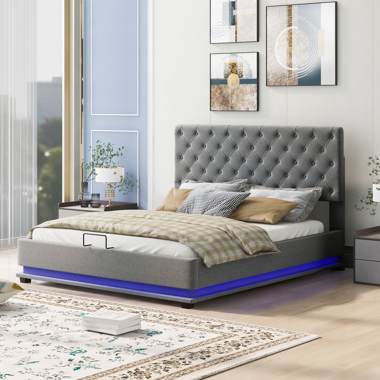 upholstered platform bed with adjustable tufted headboard and led light
