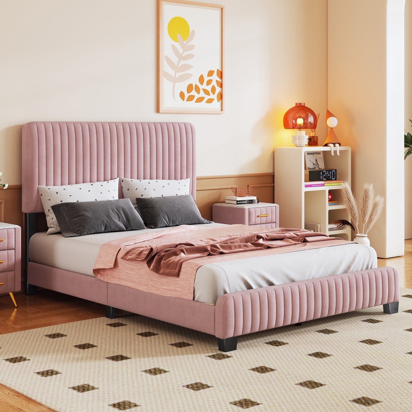 emily upholstered platform bed, pink