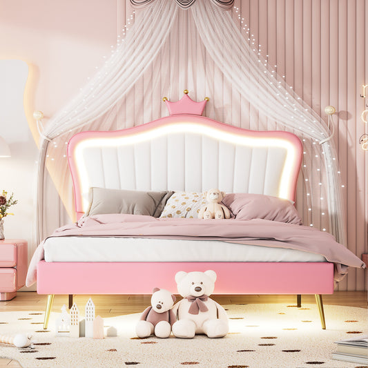 Modern Upholstered Princess Bed With Crown Headboard and LED Lights, White+Pink
