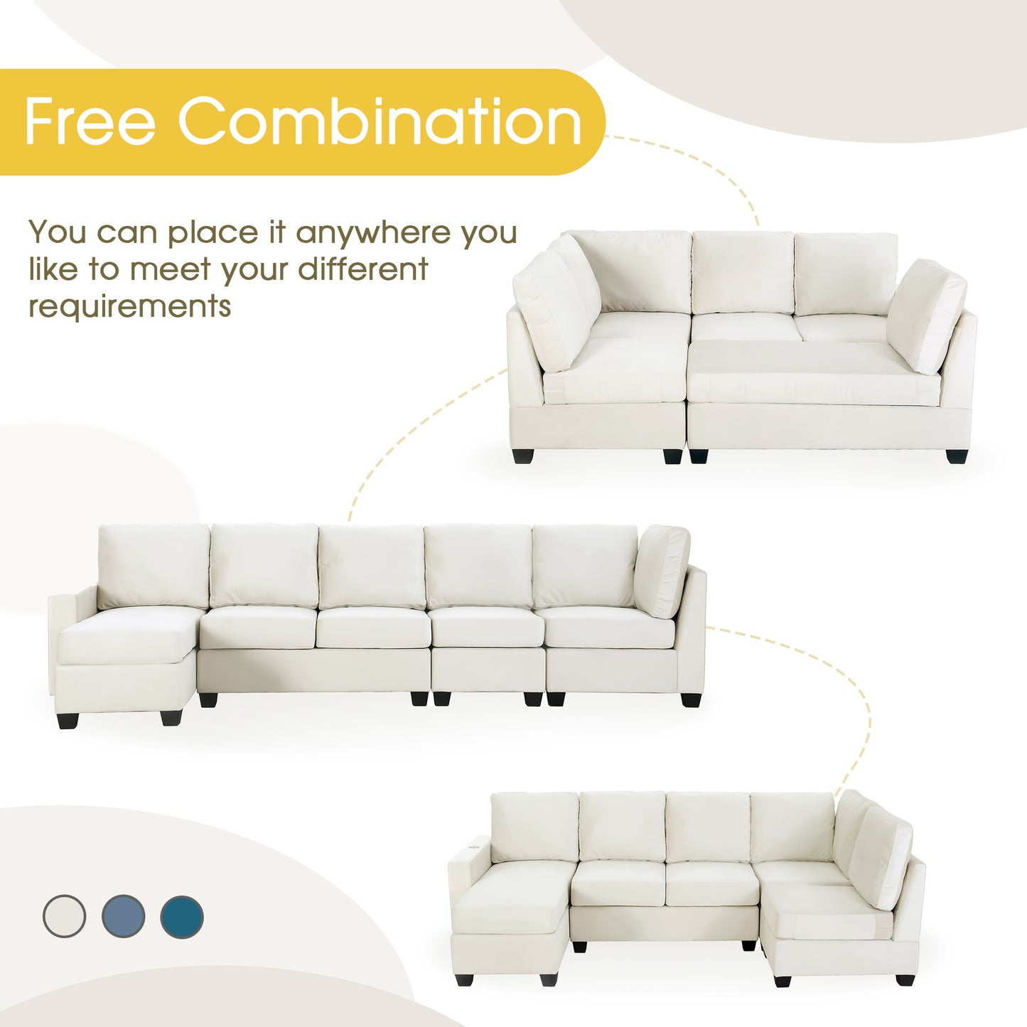 modern l shape sectional sofa with usb charging port, cream