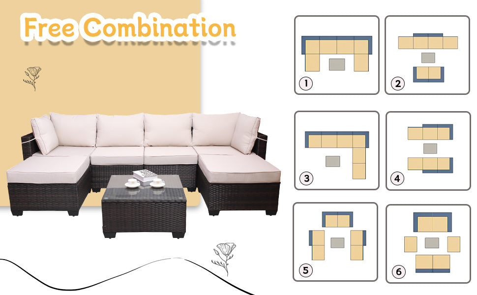 7 pieces outdoor patio sectional sofa couch set with washable cushions & glass coffee table