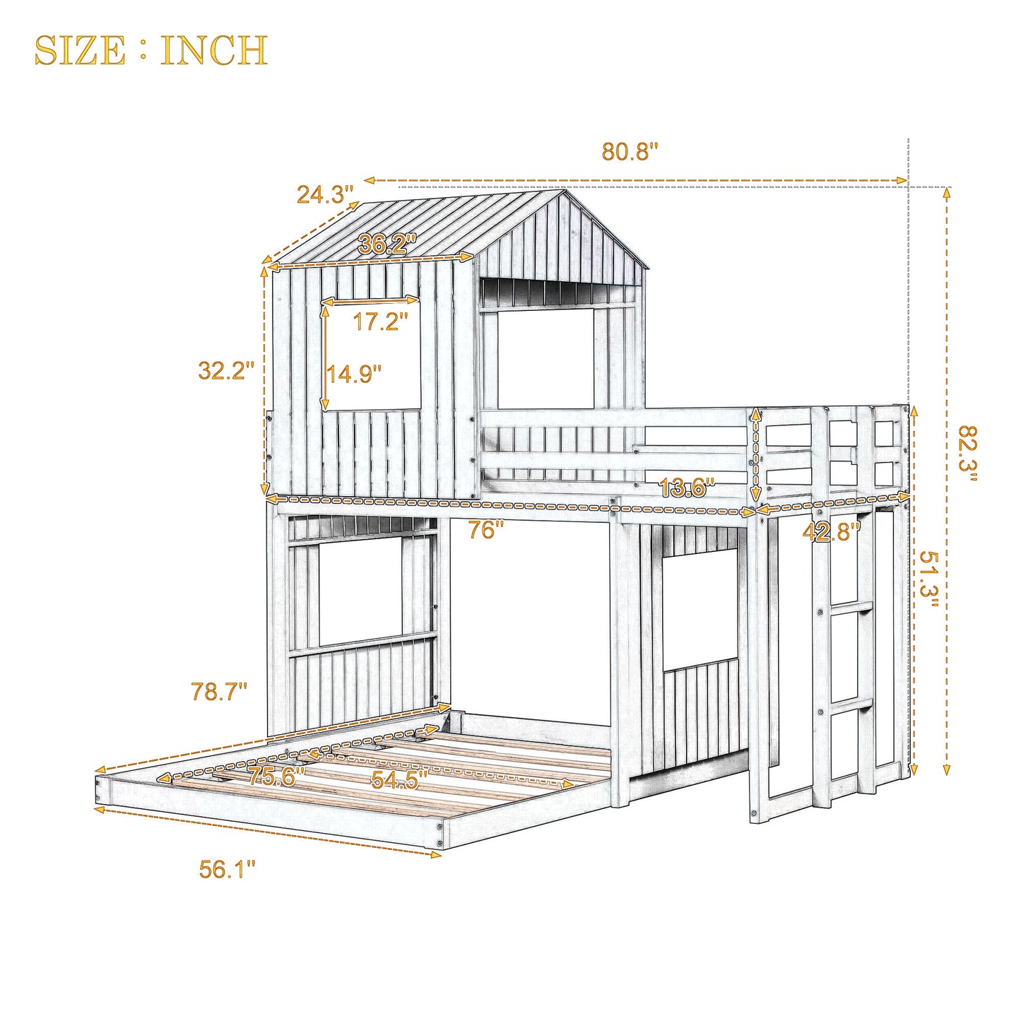 loft bed with playhouse, farmhouse, ladder and guardrails , antique gray