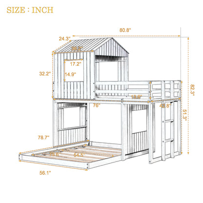 Loft Bed with Playhouse, Farmhouse, Ladder and Guardrails , Antique Gray