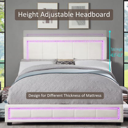 Upholstered Queen Size Platform Bed with LED Lights, Storage Bed with 4 Drawers, Beige