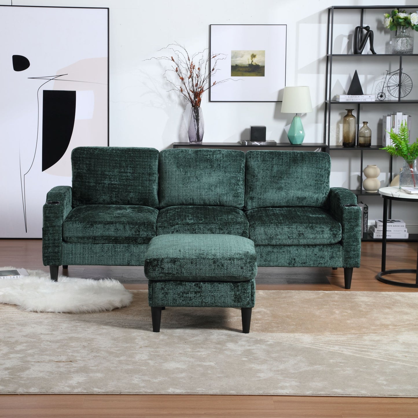 zara storage/ cupholder sectional sofa, green