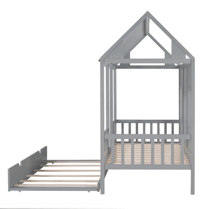 Wood House Bed With Twin Size Trundle, Gray