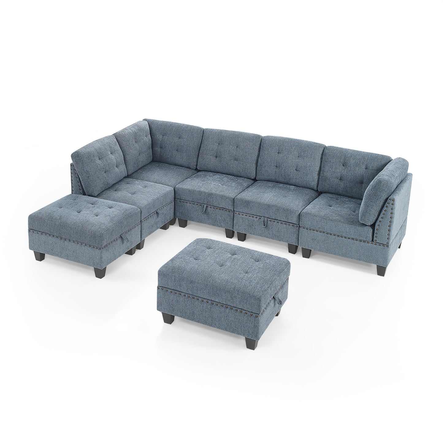 l shape modular sectional sofa includes 2 ottomans, navy blue