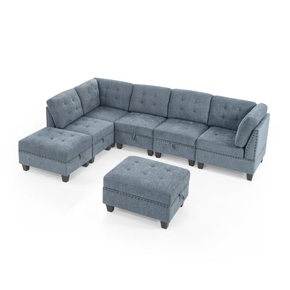 L shape Modular Sectional Sofa includes 2 Ottomans, Navy Blue