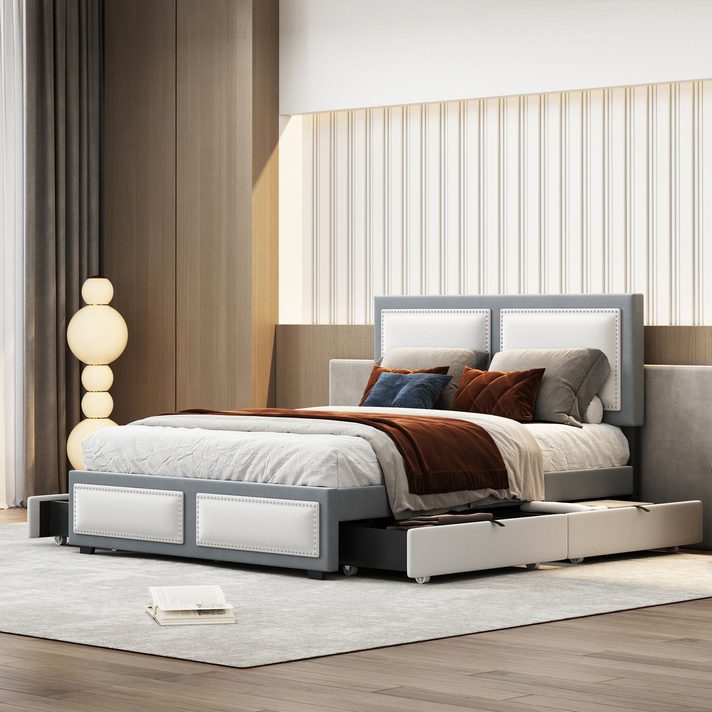 teddy upholstered platform bed with large rivet-decorated backrests and 4 drawers, velvet gray+white