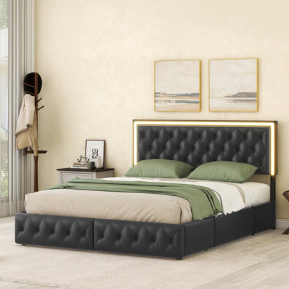 Queen Upholstered PU Leather Platform Bed with LED Headboard, Black