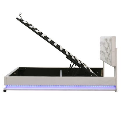 Upholstered Platform Bed with Adjustable Tufted Headboard and LED Light, Beige