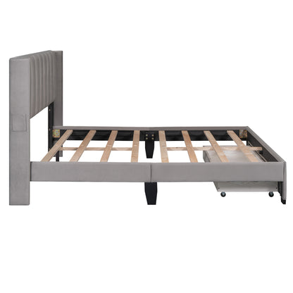 Velvet Upholstered Platform Bed with a Big Drawer
