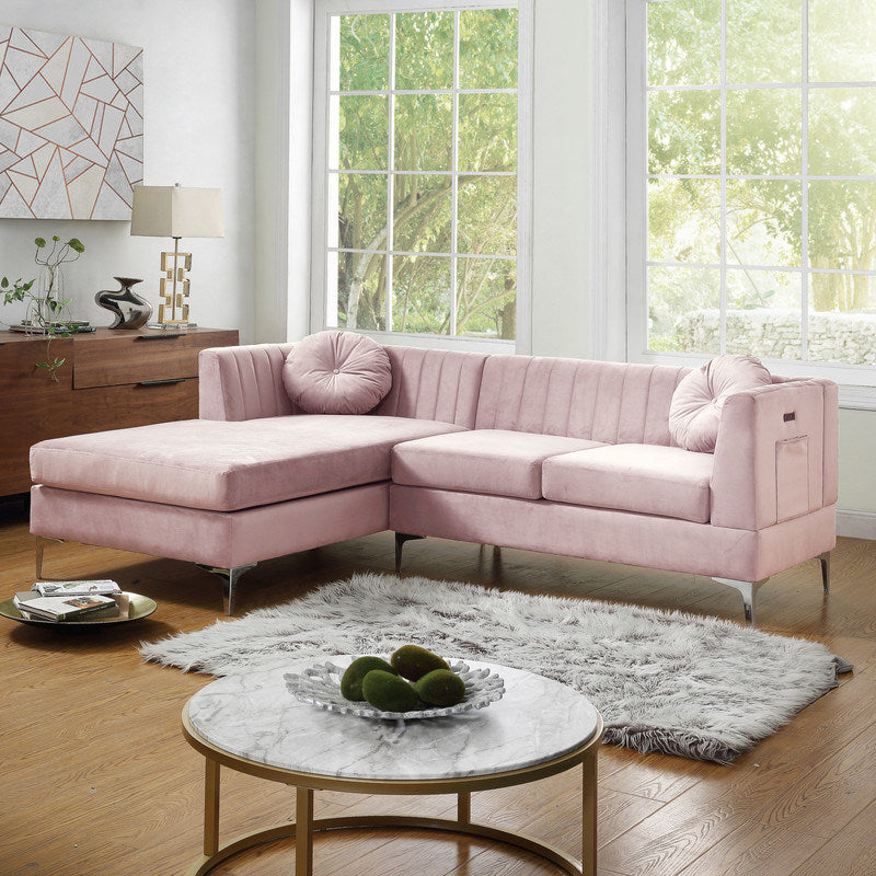 chloe velvet sectional sofa chaise with usb charging port, pink