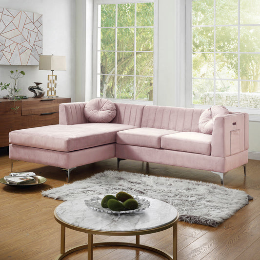 Chloe Velvet Sectional Sofa Chaise with USB Charging Port, Pink