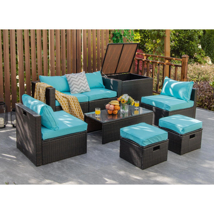 8 pieces patio space-saving rattan furniture set with storage box and waterproof cover