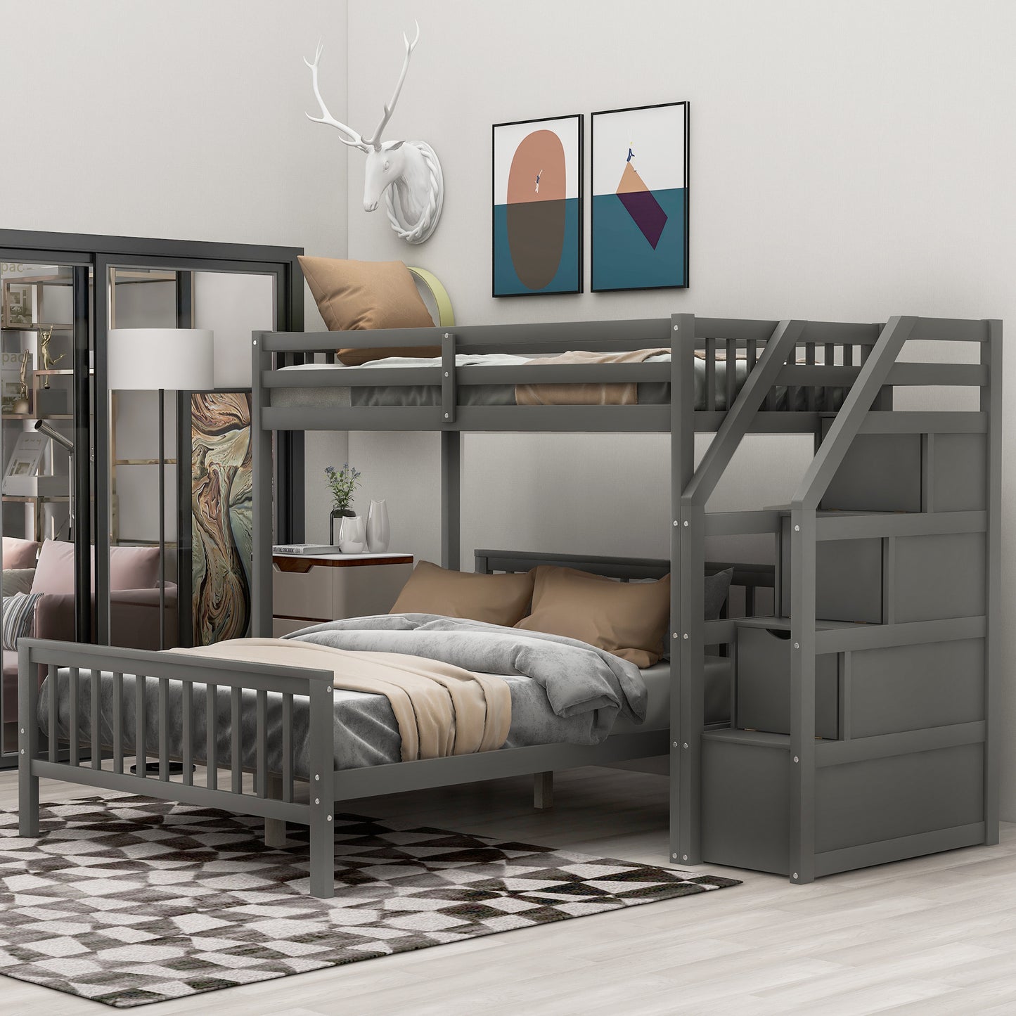twin over full loft bed with staircase,gray