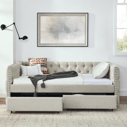 Upholstered Full Size Bed with Two Drawers, Beige