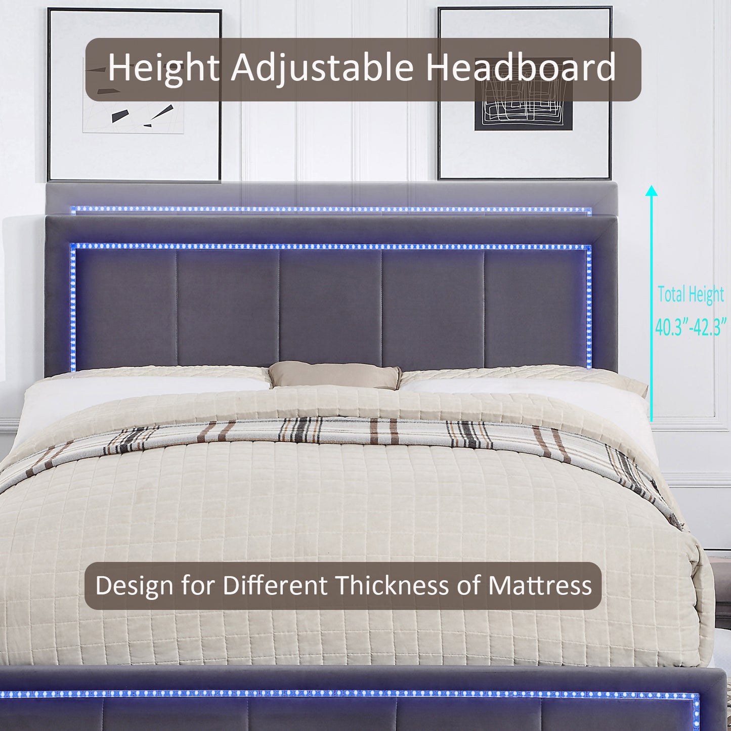 upholstered queen size platform bed with led lights, storage bed with 4 drawers, gray