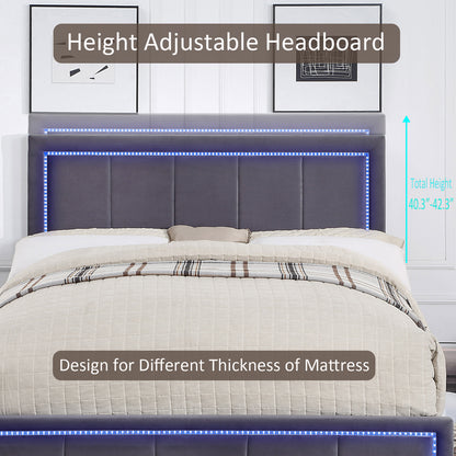 Upholstered Queen Size Platform Bed with LED Lights, Storage Bed with 4 Drawers, Gray