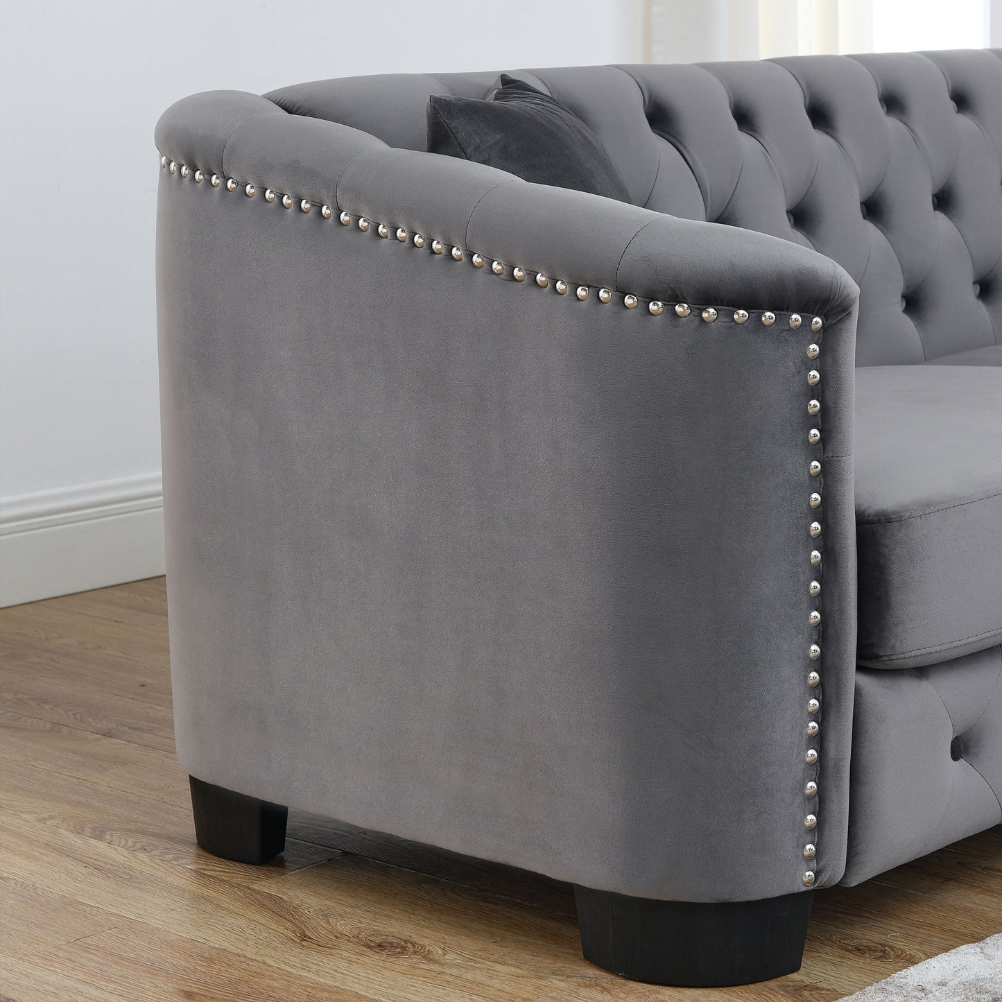 riri modern chesterfield velvet sofa, grey