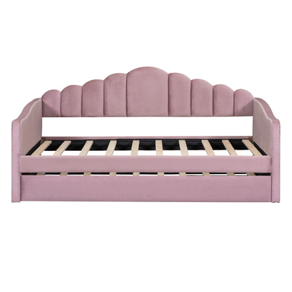 Upholstered Daybed with Trundle & USB Charging Ports, Pink