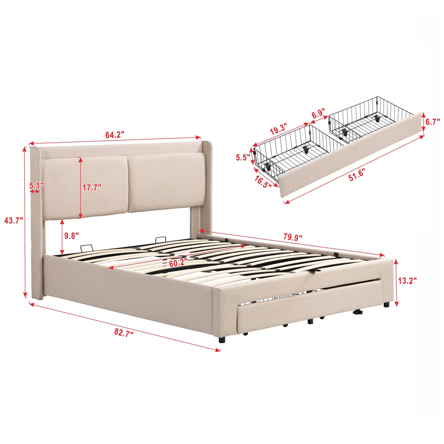 queen size storage upholstered hydraulic platform bed with 2 drawers, beige
