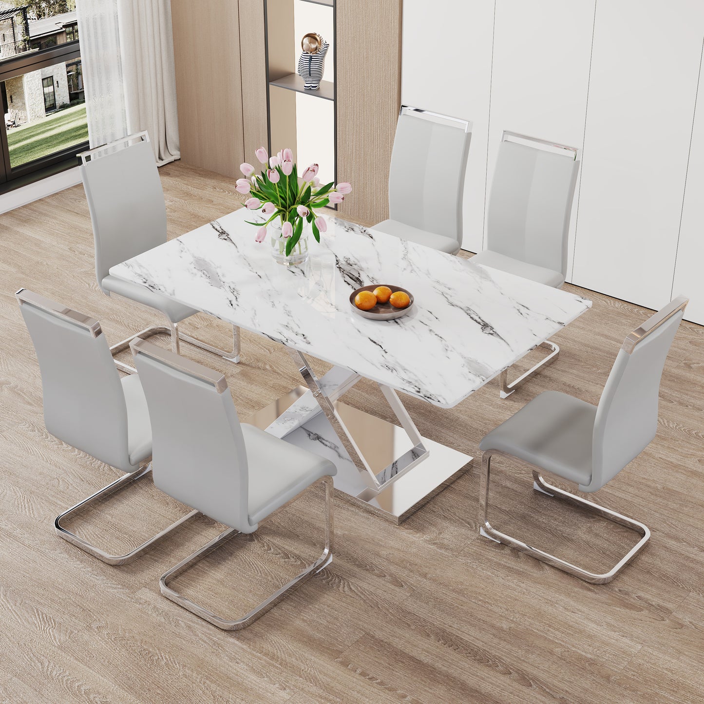 marble textured glass dining table