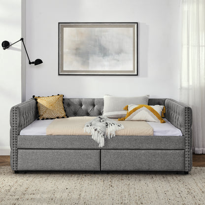 Upholstered Full Size Bed with Two Drawers, Grey